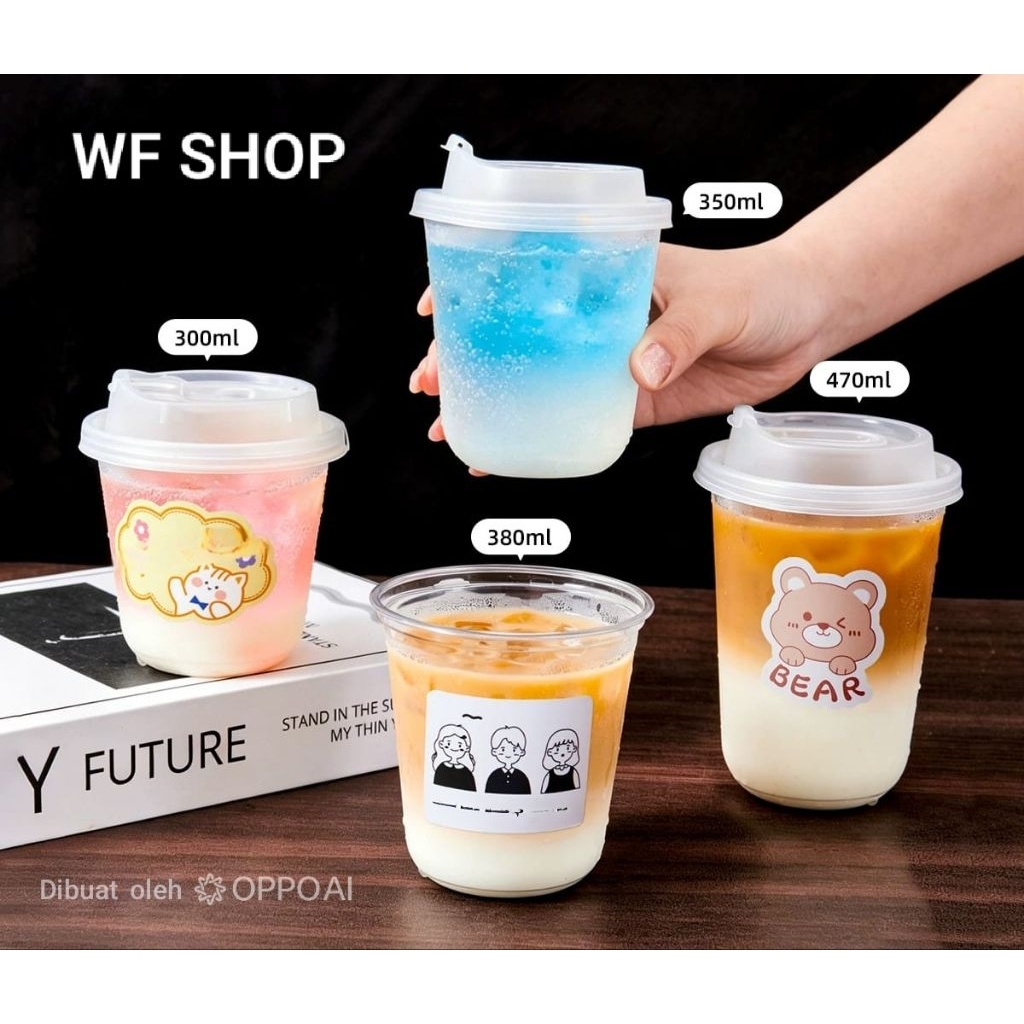 Isi 50pcs Gelas Plastik Oval 12 oz 14oz 16oz 18oz 22oz / Gelas Plastik Bening ES /  CUP 140...