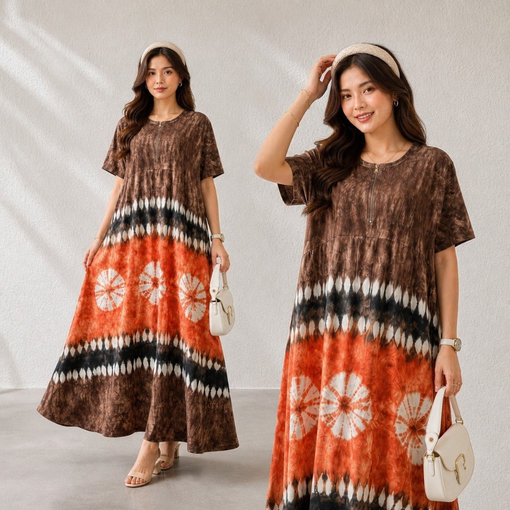 Daster Kaos Jumbo Panjang Lengan Pendek Motif Abstrak Katun Busui Depan Adem