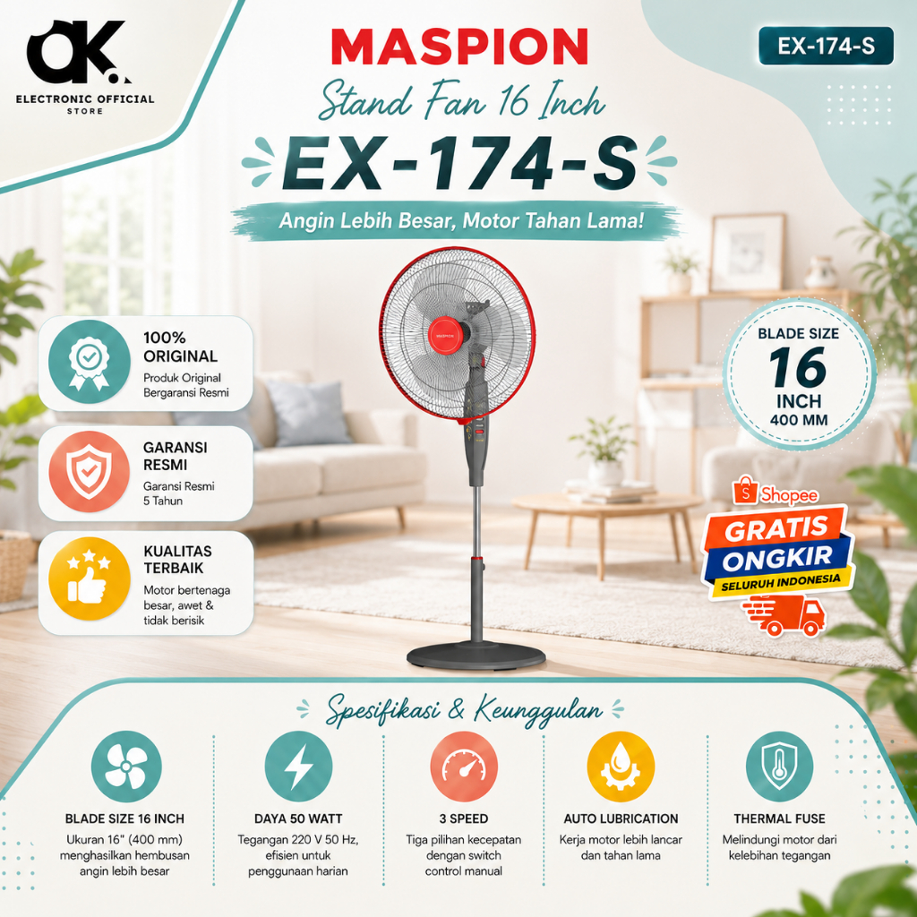 MASPION  EX-174-S STAND KIPAS 16 INCH/EX174/EX-174/EX 174/STAND FAN 16"/ORIGINAL MASPION/GARANSI