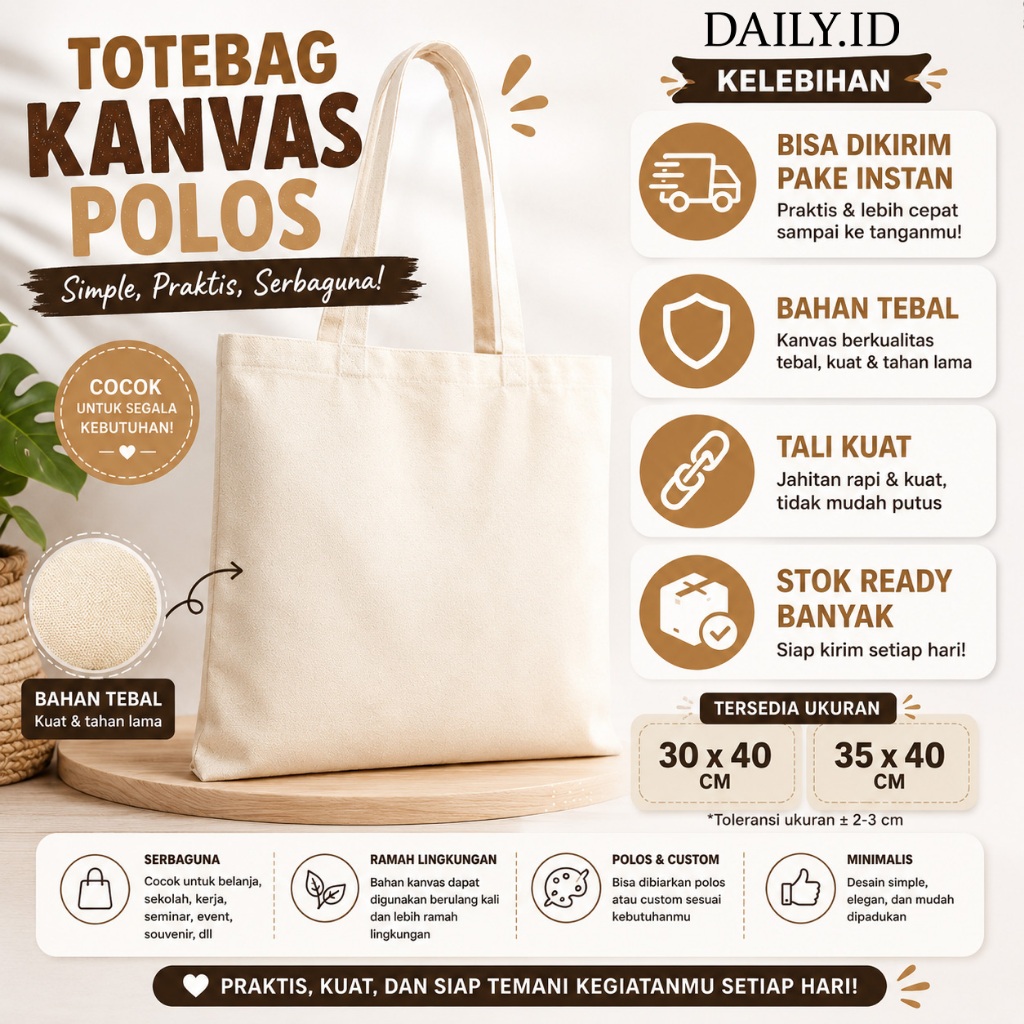 TOTEBAG PUTIH POLOS BAHAN KANVAS TAS TOTE 35x40 cm