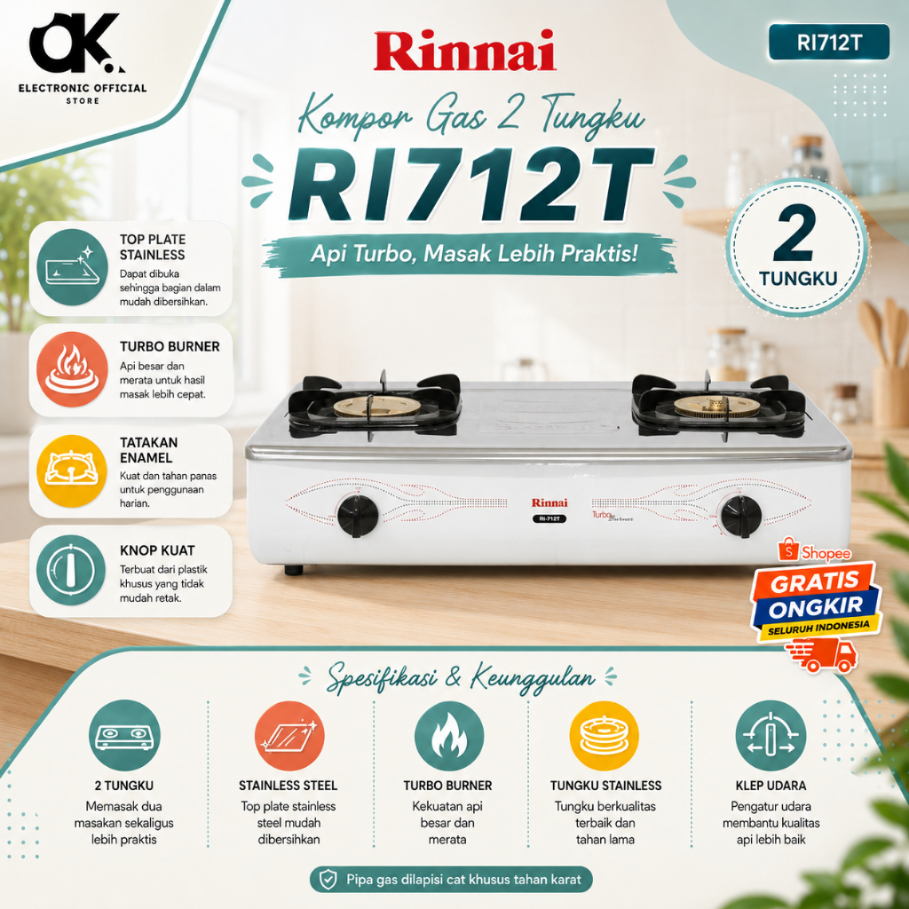 RINNAI KOMPOR GAS 2 TUNGKU RI 712 T/RI712T/RI 712T/RI712 T/RI-712T/RI-712 T/ORIGINAL RINNAI/GARANSI