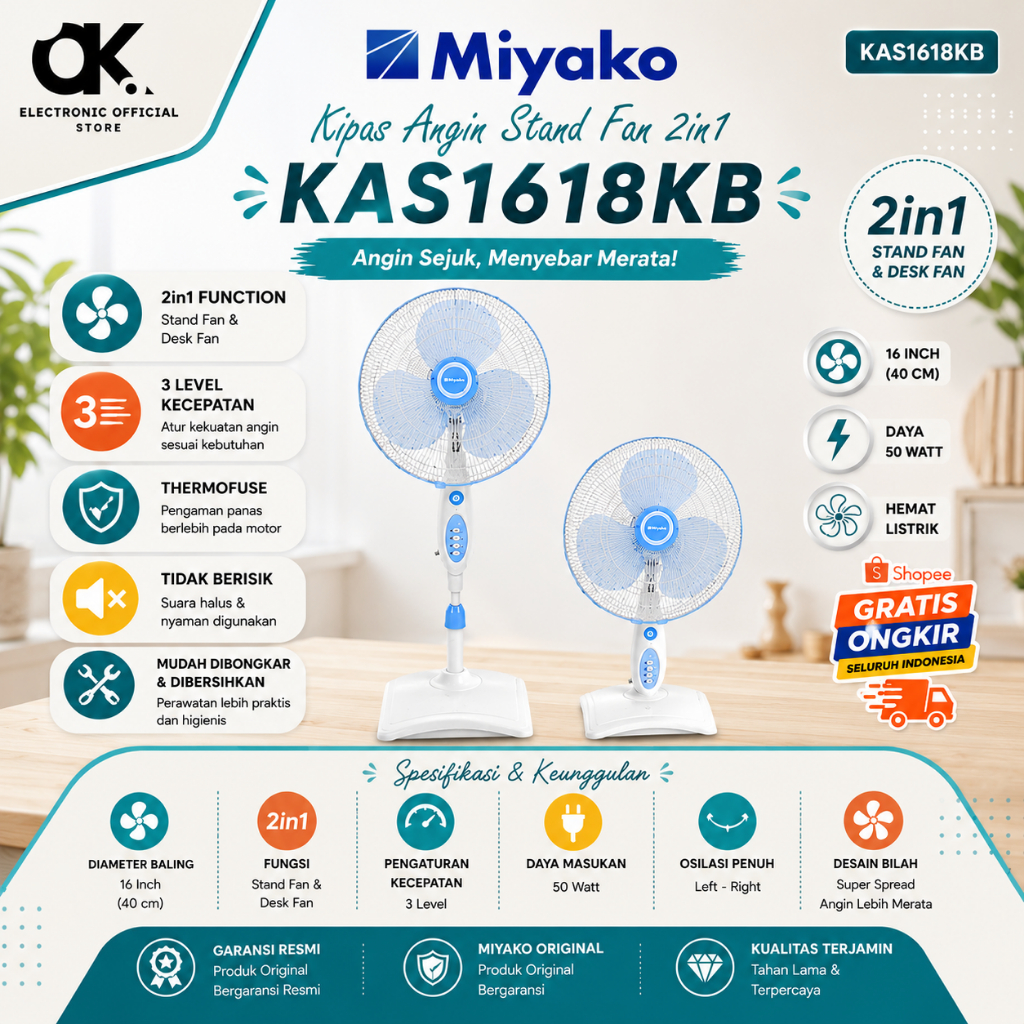 Kipas Angin berdiri/ Stand Fan MIYAKO KAS-1618KB/KAS1618KB/KAS1618 KB/KAS 1618KB/ORIGINAL BERGARANSI