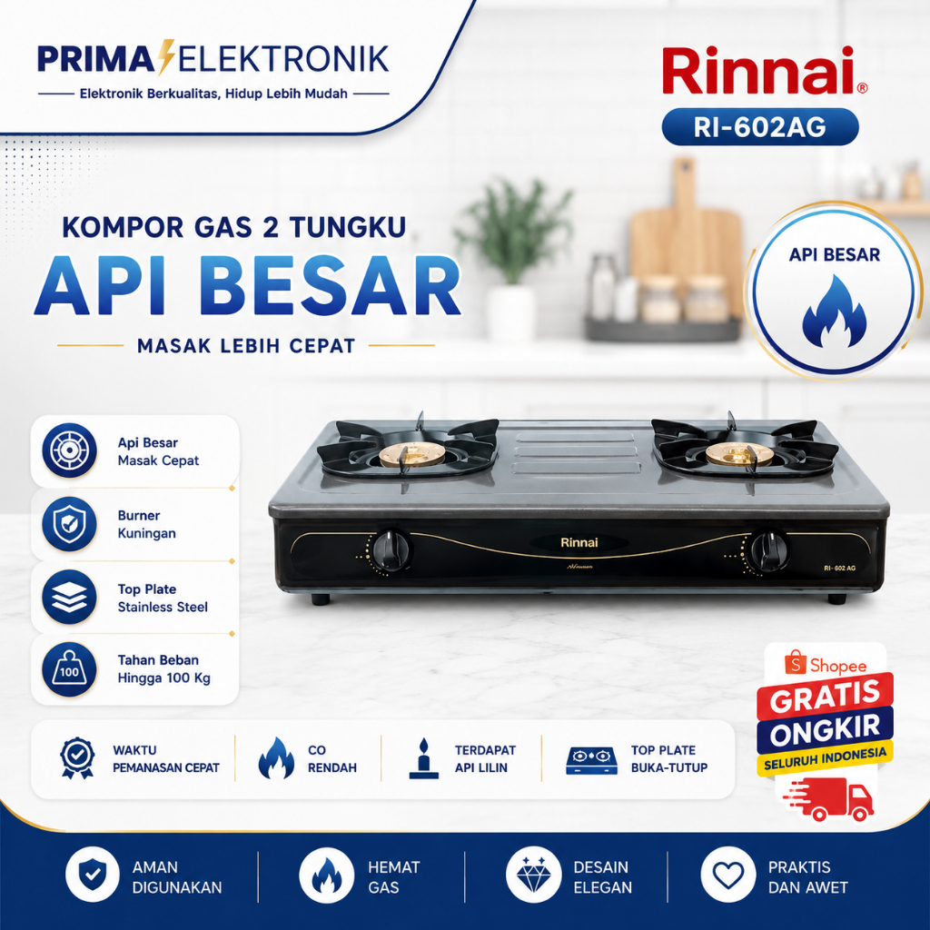 RINNAI KOMPOR GAS 2 TUNGKU RI-602AG/RI602AG/RI602AG/RI 602AG/RI-602 AG/ORIGINAL RINNAI/GARANSI RESMI