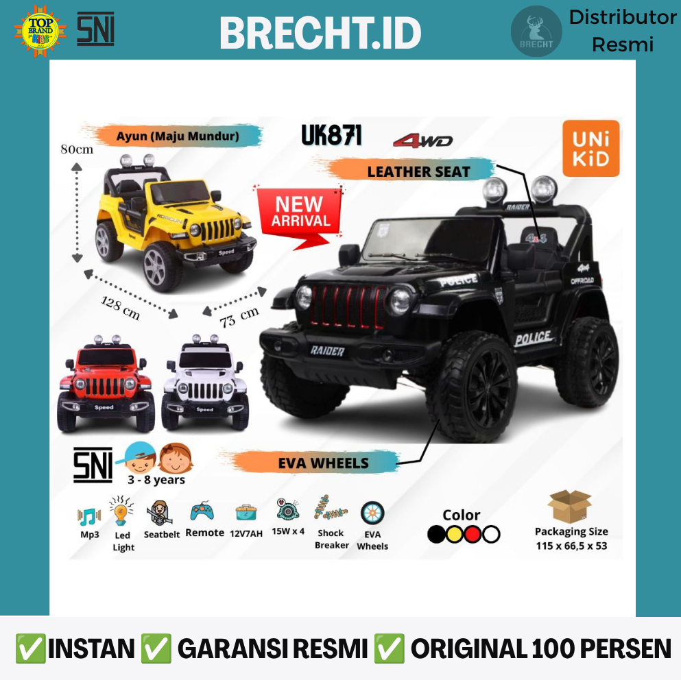 Mainan Anak Mobil Aki Jeep Rubicon Unikid UK 871 Ban Karet Jok Kulit UK-871
