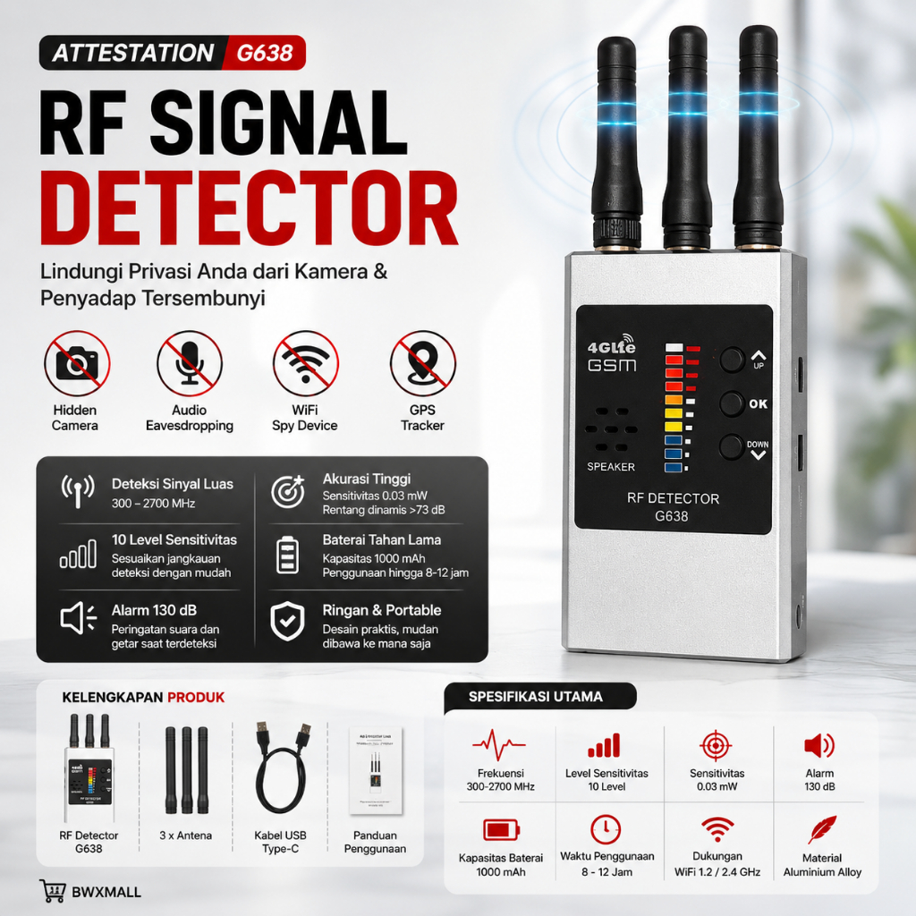Alat Detektor Kamera Tersembunyi Detector RF Signal GPS Tracker Wireless Spy Camera Finder G638 Anti