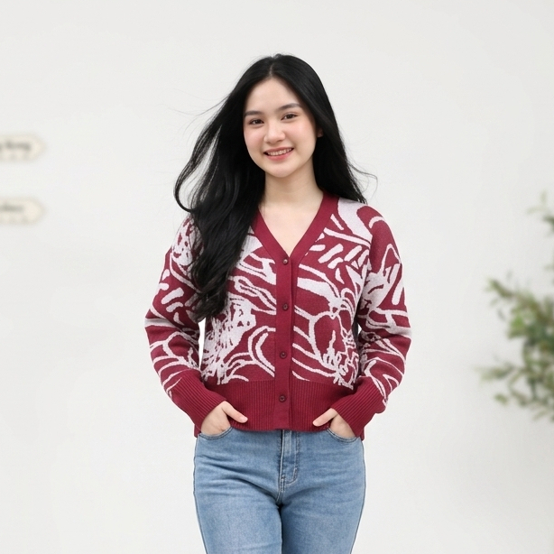 Cardigan Rajut Wanita Outer Rajut Premium Motif Abstrak Lengan Panjang Fashion Korea Kekinian