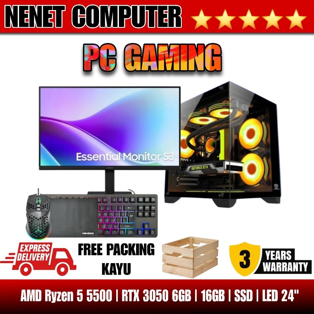 PC FULL SET | PC Gaming Ryzen 5 5500 | RTX 3050 6GB | 16GB | SSD | LED 24
