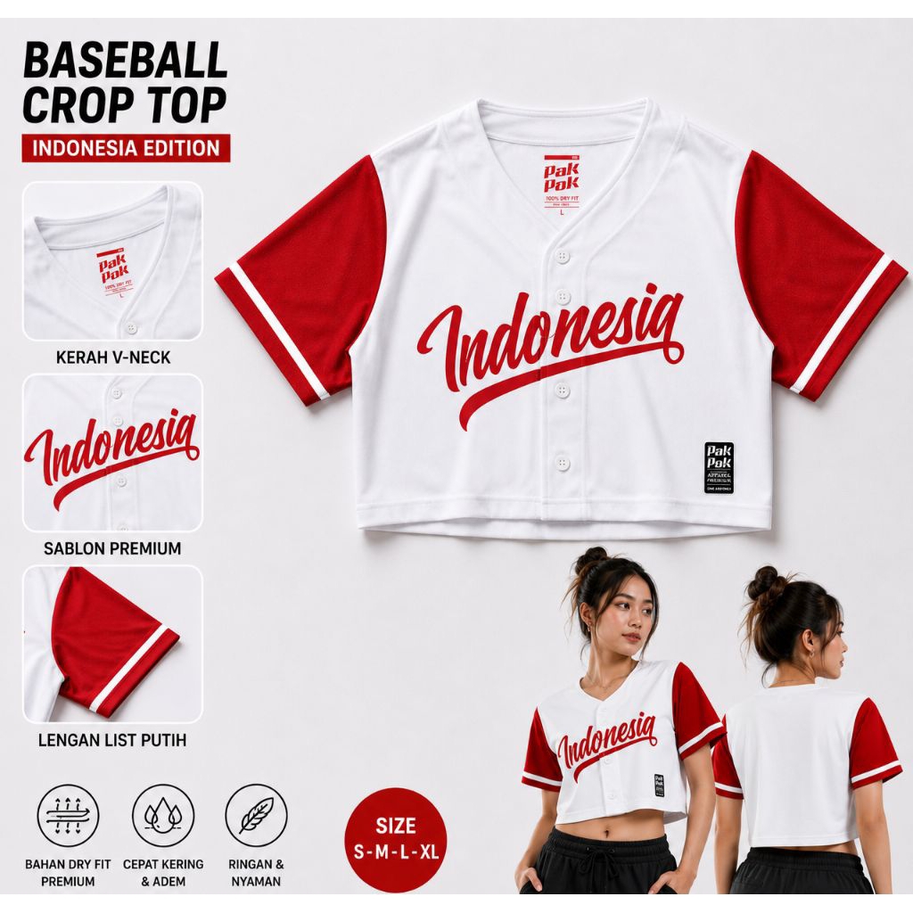 Jersey crop baju baseball wanita baseball crop top Indonesia kemerdekaan