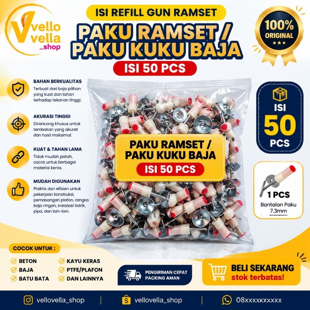 1 bungkus isi 50 pcs Peluru gun ramset / paku kuki baja ramset isi 50 pcs / paku tembak peluru ramse