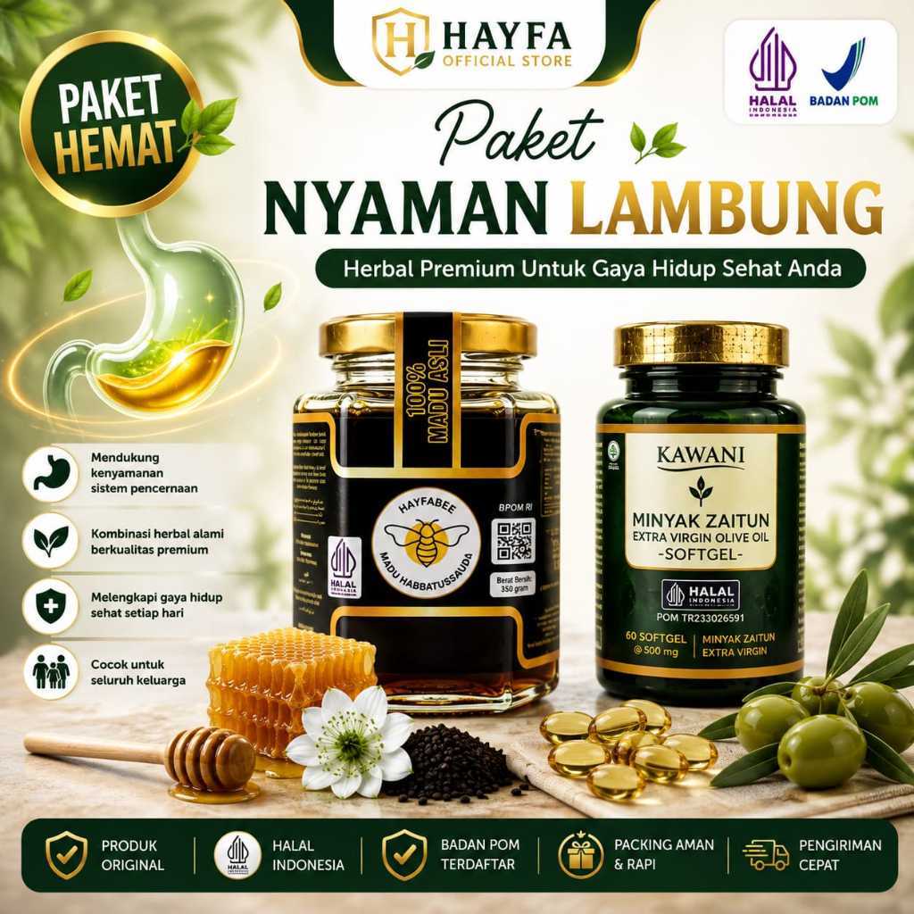 HAYFA OFFICIAL STORE - Paket Herbal Sehat | Hayfabee Madu Habbatussauda 350g + Softgel Minyak Zaitun