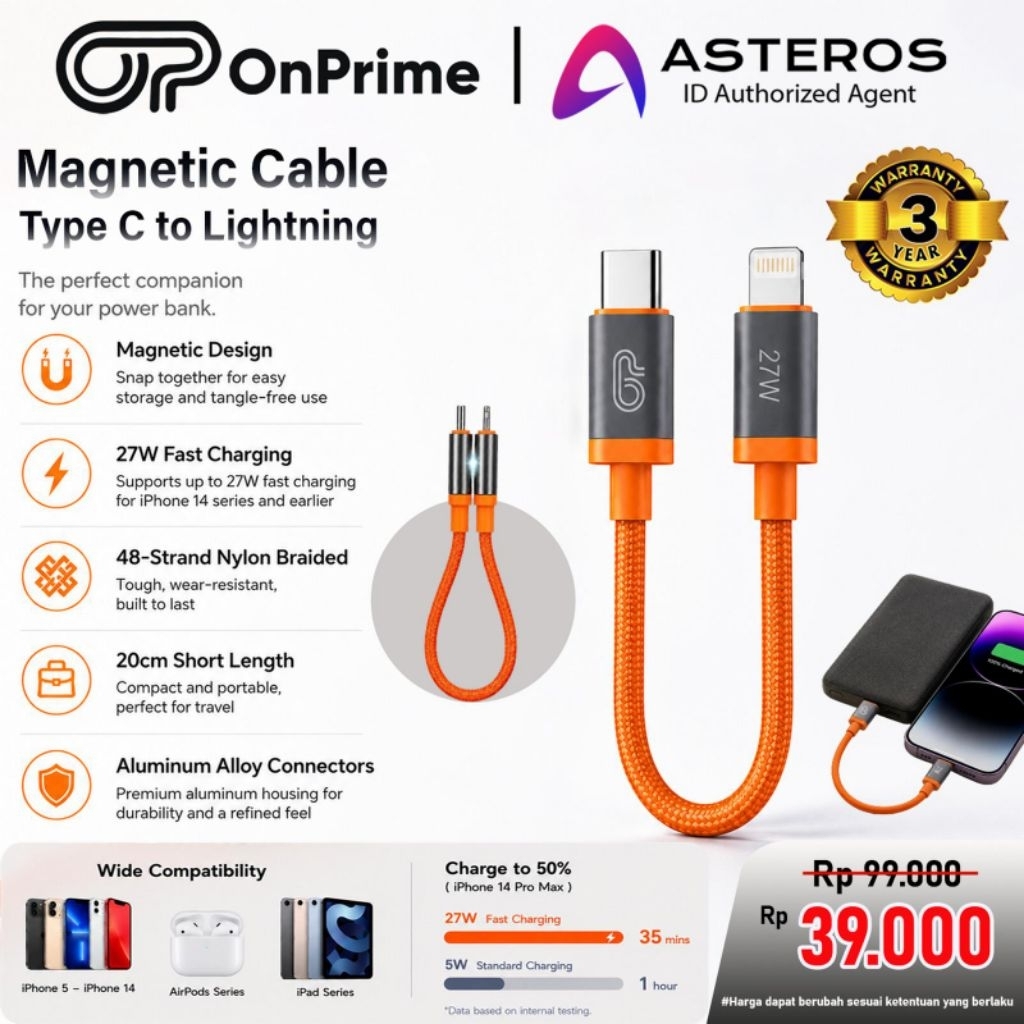 OnPrime DC212 45151 Kabel Charger Powerbank Pendek Type C to Type C 240w ,Type C to Lightning 20cm M