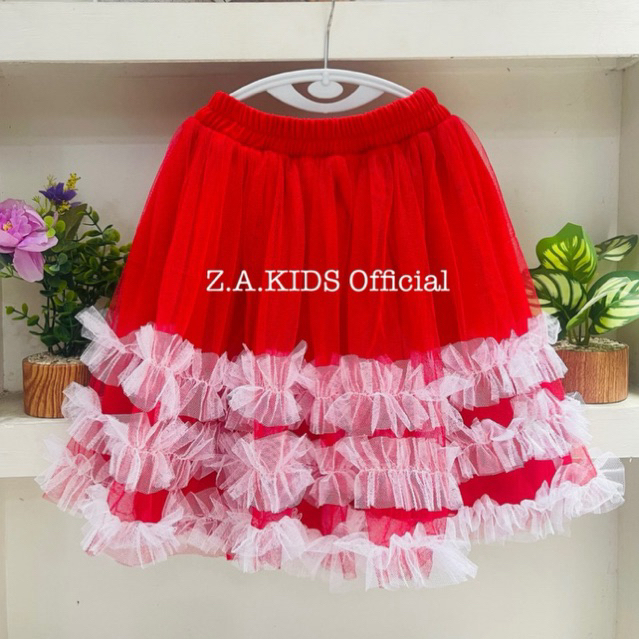 Rok Anak Merah Motif Ruffle Z.A.KIDS Official Bahan Tulle Aksen Putih Lucu rok tutu anak / rok tutu 