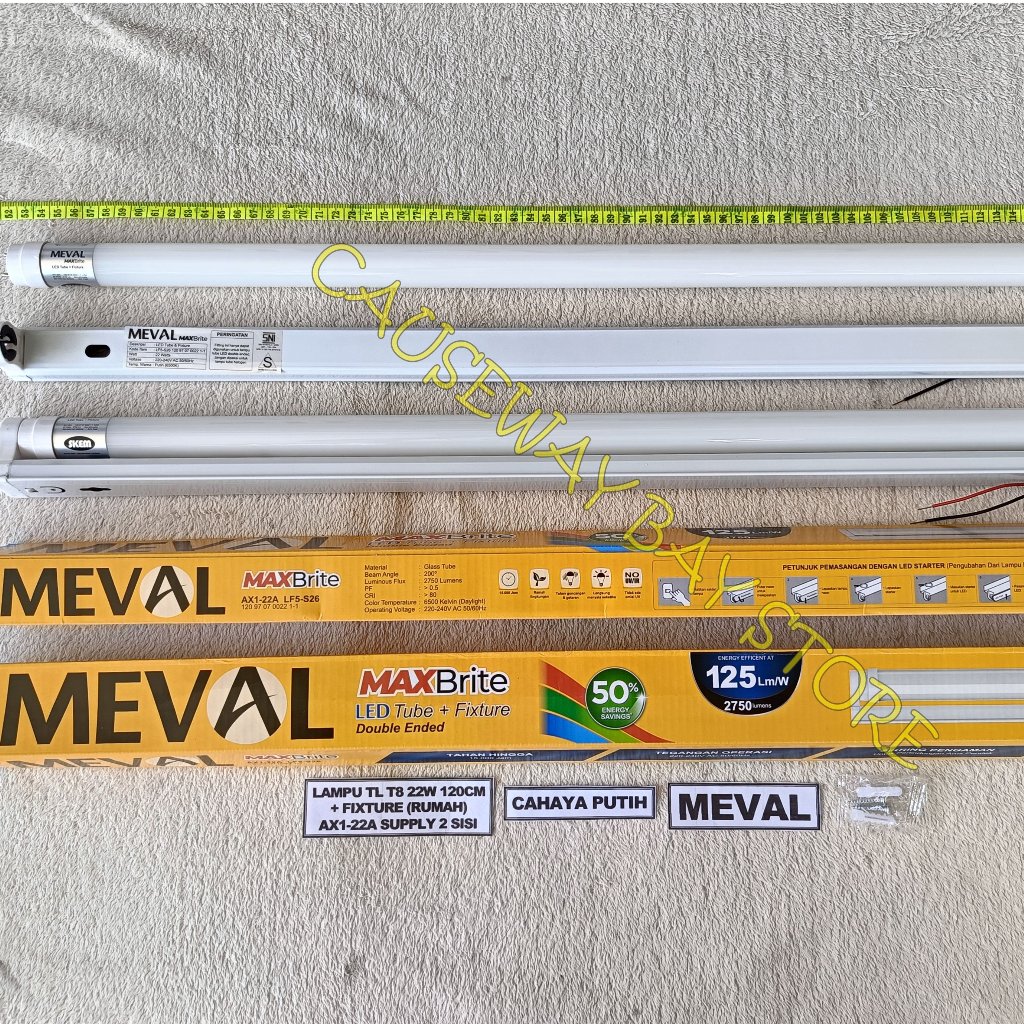 LAMPU TL T8 LED 22W CAHAYA PUTIH 1 SET (LAMPU + RUMAH) MEVAL