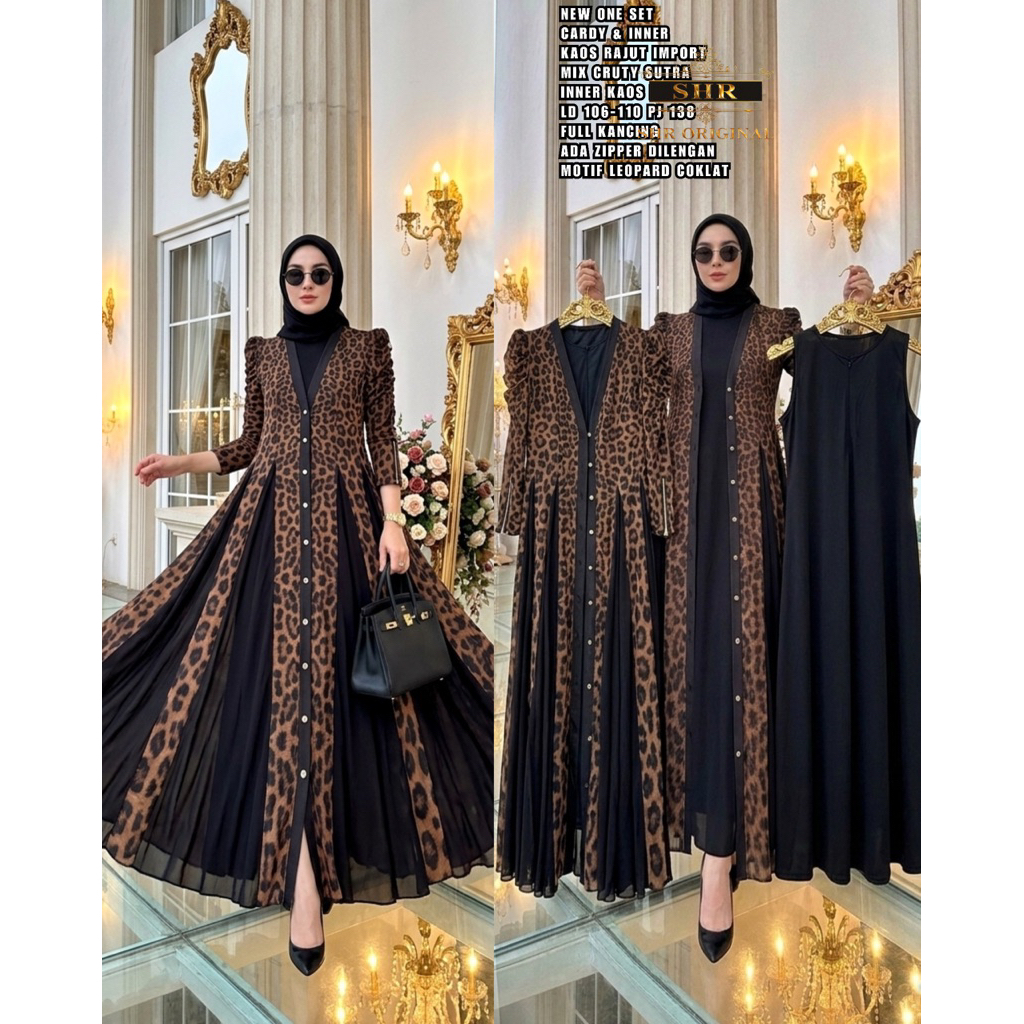 NEW SHR ORI MAXI DRESS SET CARDIGAN DAN INNER RAJUT LEOPARD LD 110 CM ORI SHR 100 %