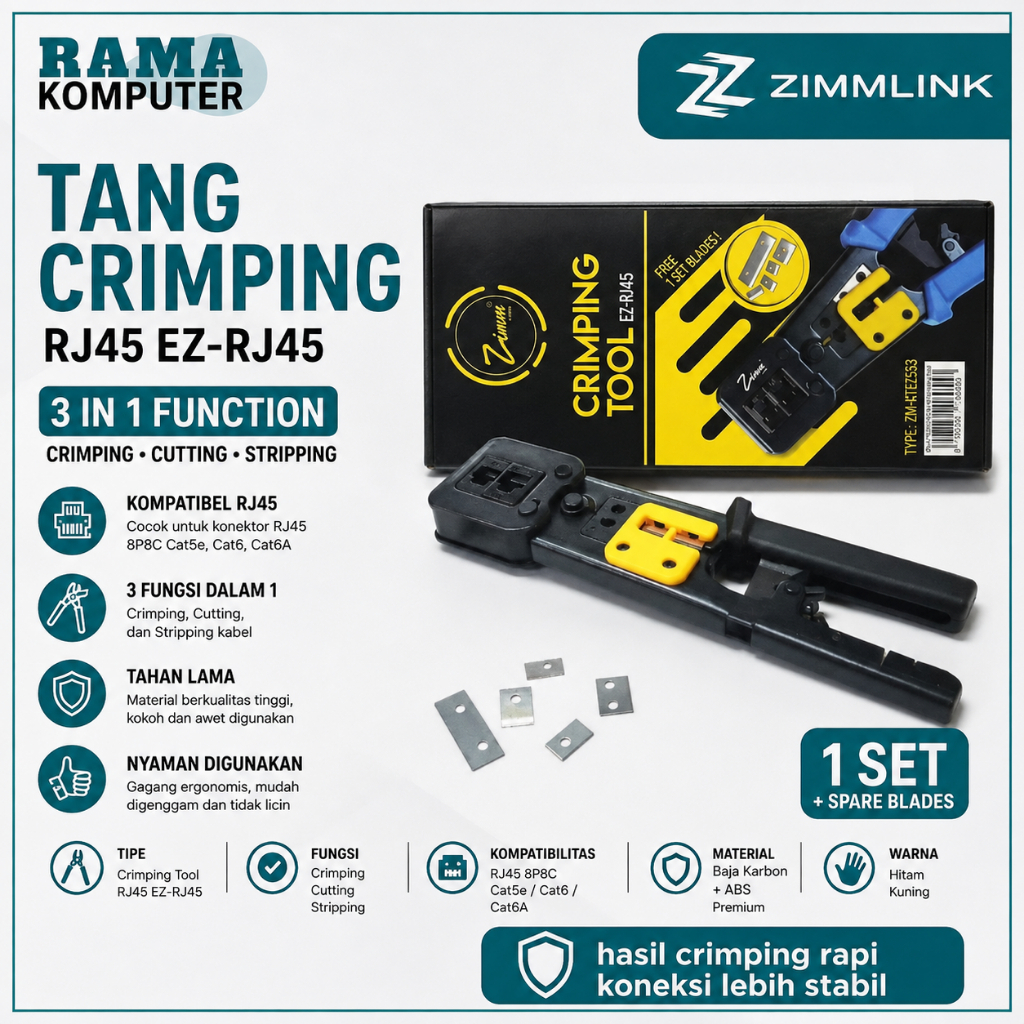 Tang Crimping RJ45 EZ-RJ45 ZIMMLINK 3 in 1 Crimping Cutting Stripping LAN Cat5e Cat6 Cat6A