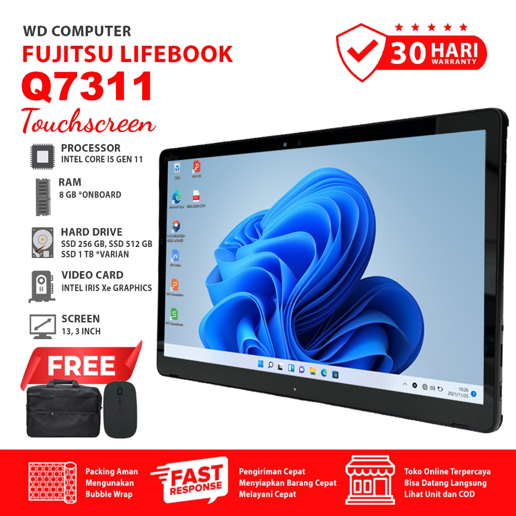 Laptop FUJITSU Q7311 i5-1135G7 Gen11 RAM 8GB SSD 128GB FHD IPS Touchscreen I Bonus Mouse Wireless & 