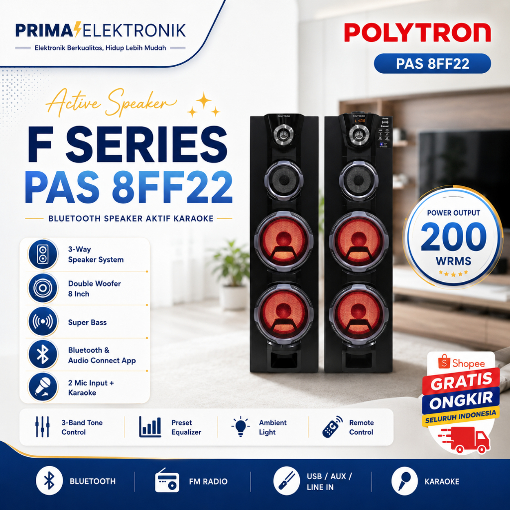 POLYTRON SPEAKER PAS 8FF22/8FF-22/8FF 22 SPEAKER KARAOKE 8inch/POLYTRON Bluetooth Speaker Aktif Kara