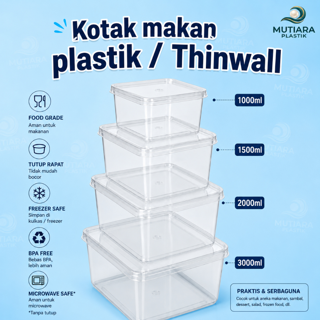 [25 Pcs] Thinwall Kotak Makan Plastik / Square 1000 ml 2000 ml 3000 ml - Tempat Box Nasi Tahan Panas