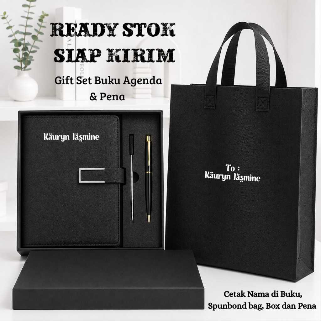 Hampers Gift Set Buku Agenda A5 & Pena Custom Logo, Nama,Tulisan, Notebook A5 Gift Set Hampers Kado,