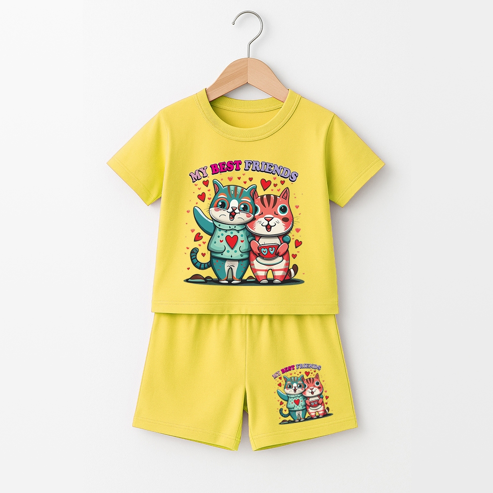 Stelan Anak Gambar Kucing Lucu My Best Friends Perempuan Lengan Pendek Jumbo G-1360