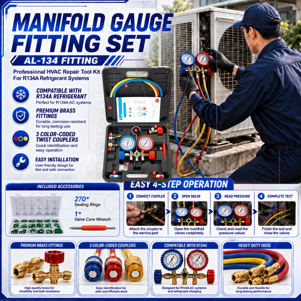 Double Manifold Gauge AC Brass Kuningan Pressure Gauge Refrigerant R22 R134a R404A Alat Servis AC Mo