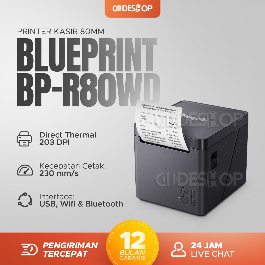 Blueprint Printer Kasir Thermal BP-R80WD Mesin Cetak Struk 80mm Bluetooth USB