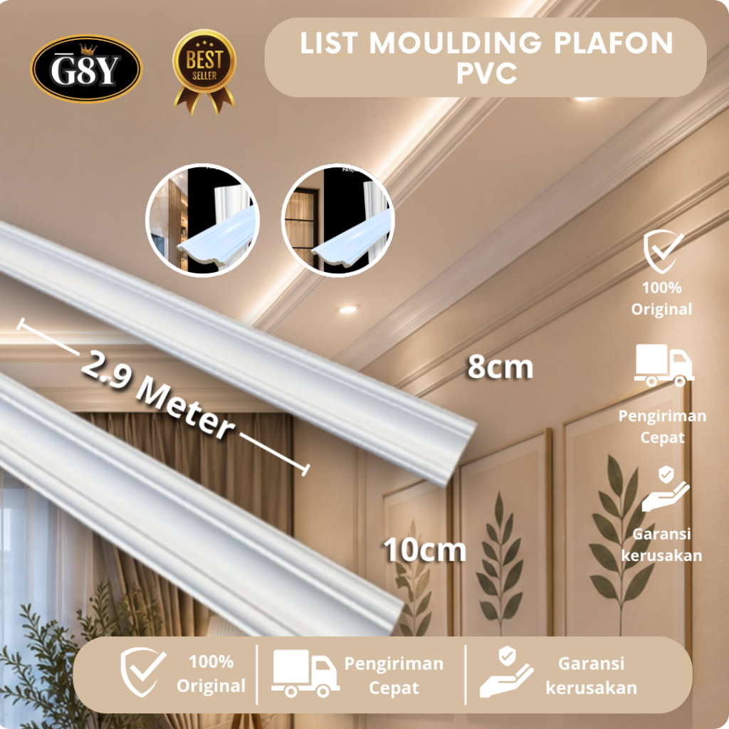 Moulding Plafon PVC 3 Meter | Lis Dekorasi Pinggir Plafon 8cm & 10cm | Awet Anti Rayap
