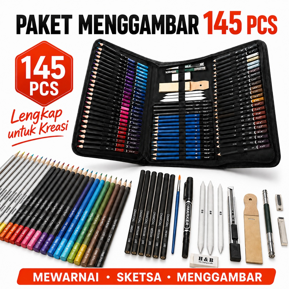 145PCS/Set Sketch Pencil Pisau Penghapus dan Pensil Gambar untuk Keperluan Sekolah Pencil Drawing Se