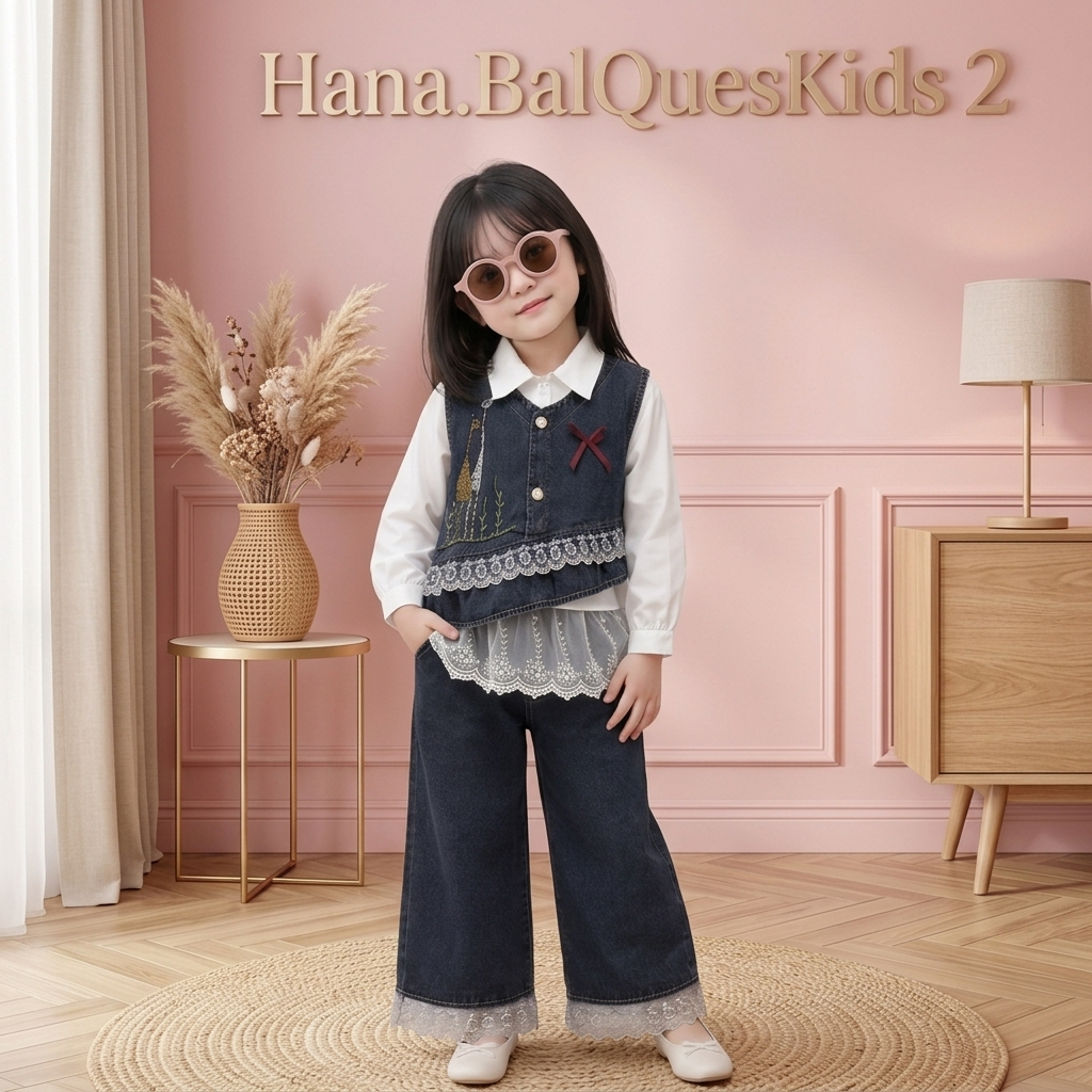 Setelan Anak Perempuan 3in1 Premium – Blouse Putih Lengan Panjang, Vest Denim Bordir Elegan, Celana 