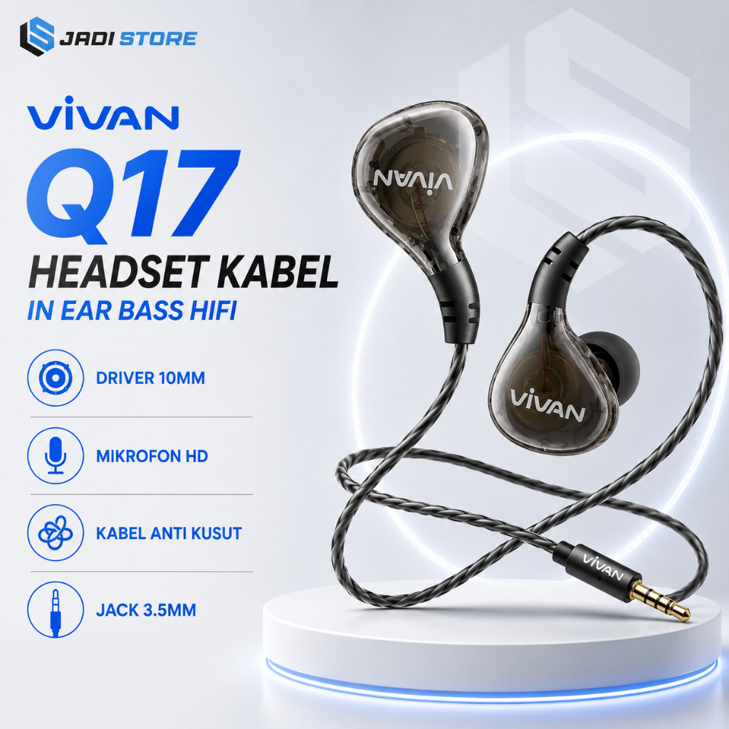 VIVAN Q17 Headset Kabel In Ear Bass HiFi Earphone Jack 3.5mm dengan Mikrofon Kabel Spiral Anti Kusut
