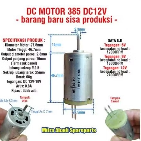 Motor Dinamo Kecil 385 DC 12V 15W Tanpa Kipas, 68 Gram