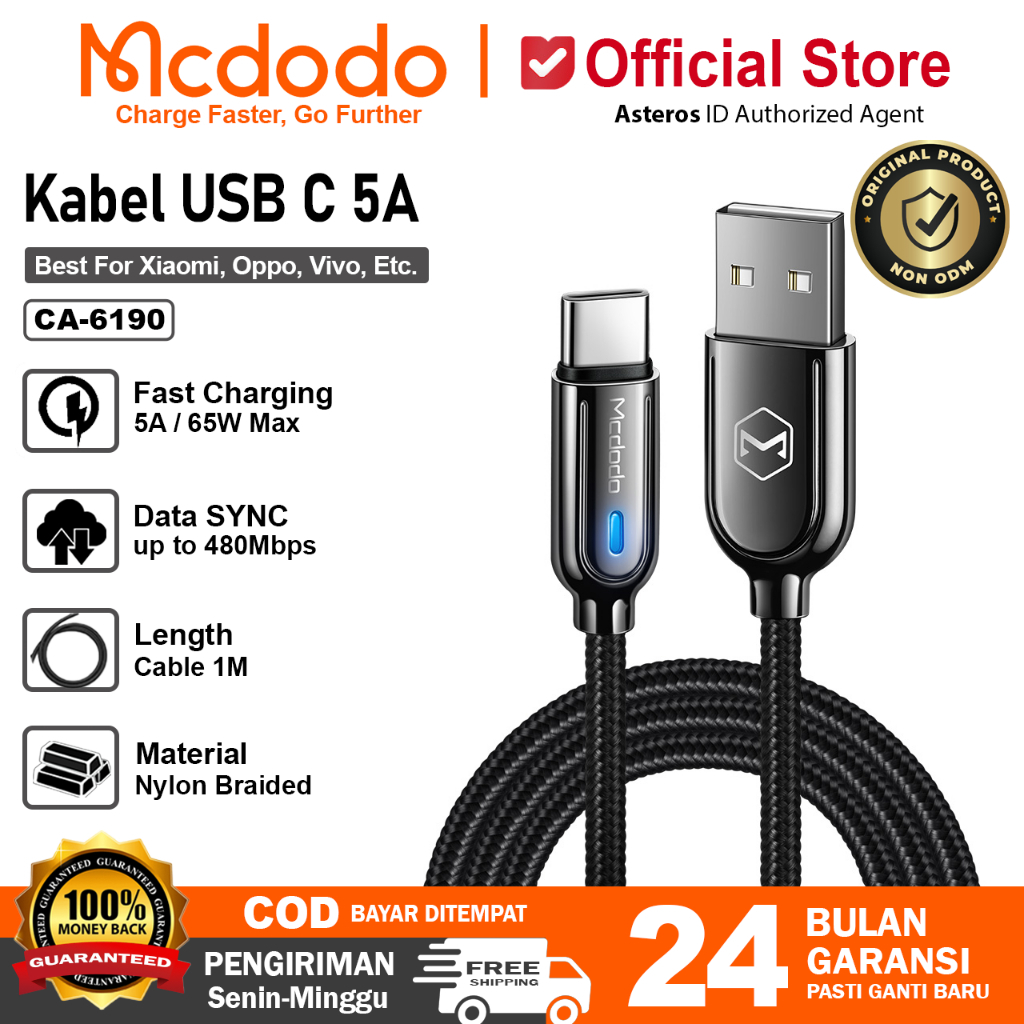 MCDODO Kabel Data USB Type C Turbo Charge, Super Vooc, Fast Charging 65w 5A CA-6190