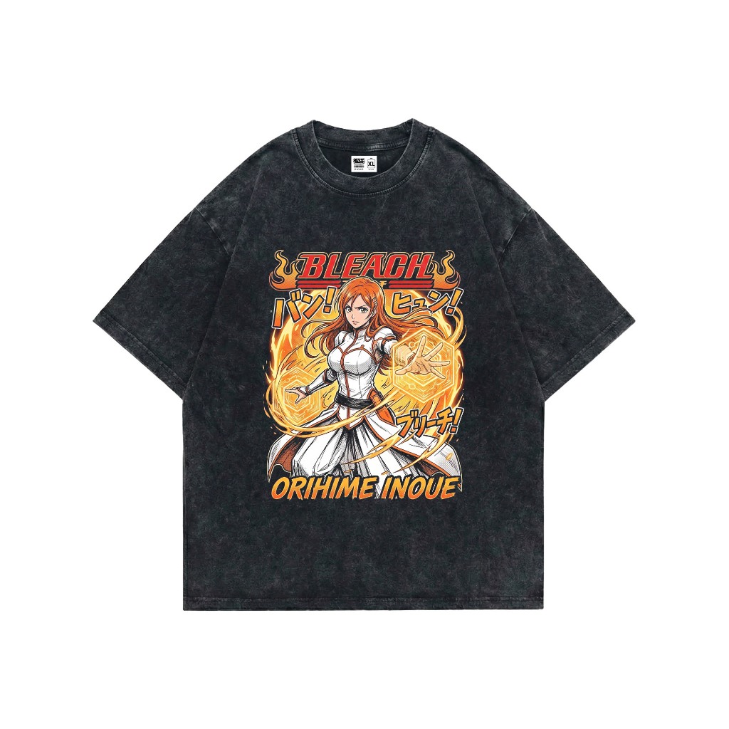 Kaos Oversize Bleach Orihime Inoue Washed Hitam Unisex Lengan Pendek