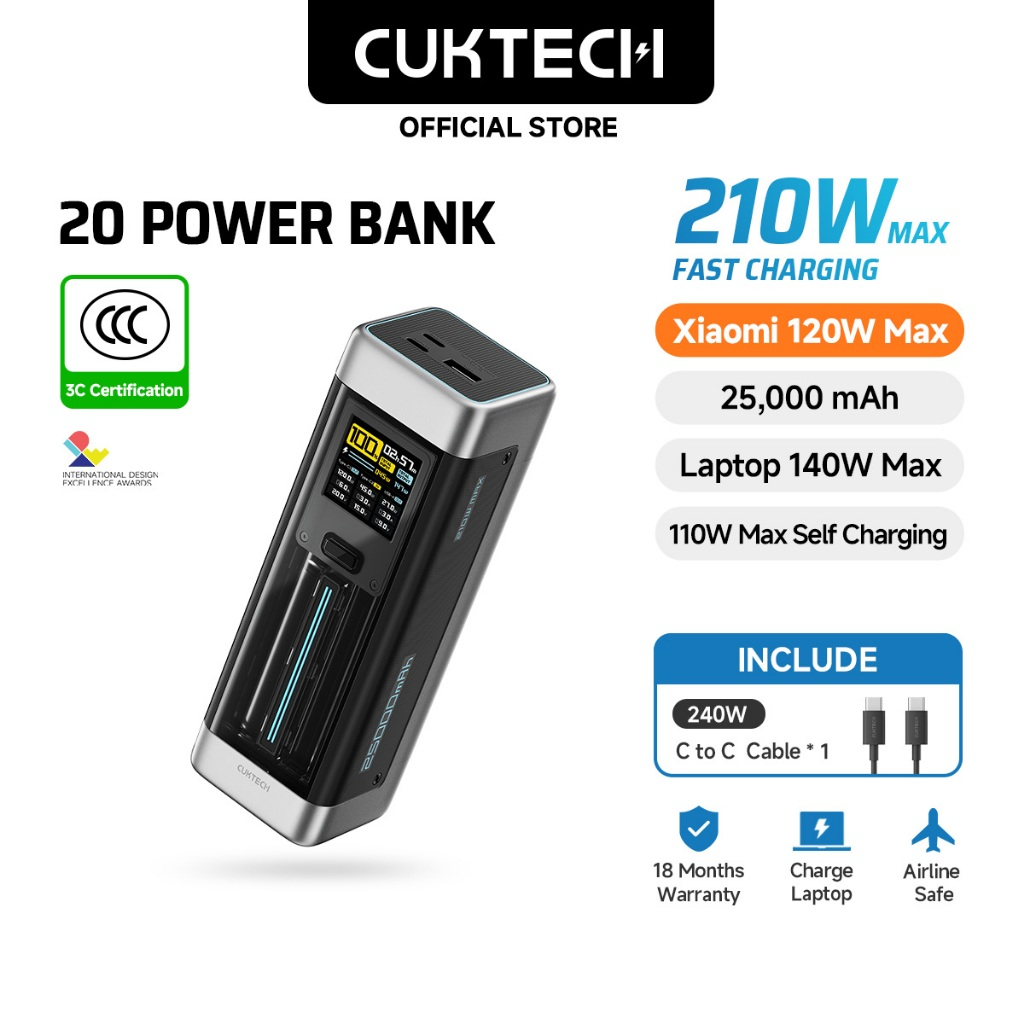 [CCC Certified] CUKTECH Powerbank 210W Max 25000mAh PD3.1 Fast Charging Smart Digital Display 3 Port