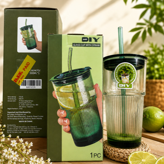(Paket 3Pcs) Gelas Botol Kaca Mr DIY Tumbler Minum dengan Sedotan Kaca Glass with Lid and Sleeve Str