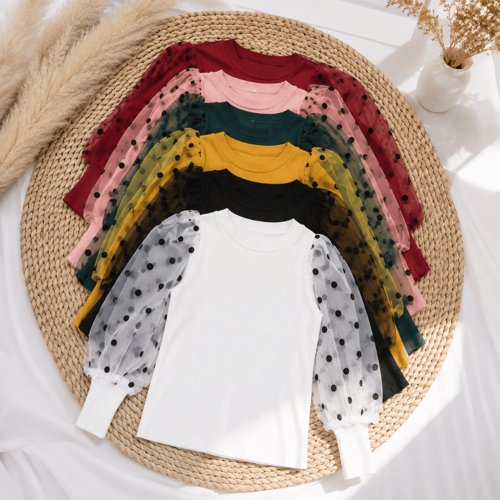 Atasan Wanita Blouse Rajut Knit Polky Lace Bangkok Lengan Balon Polkadot Premium Original Terbaru