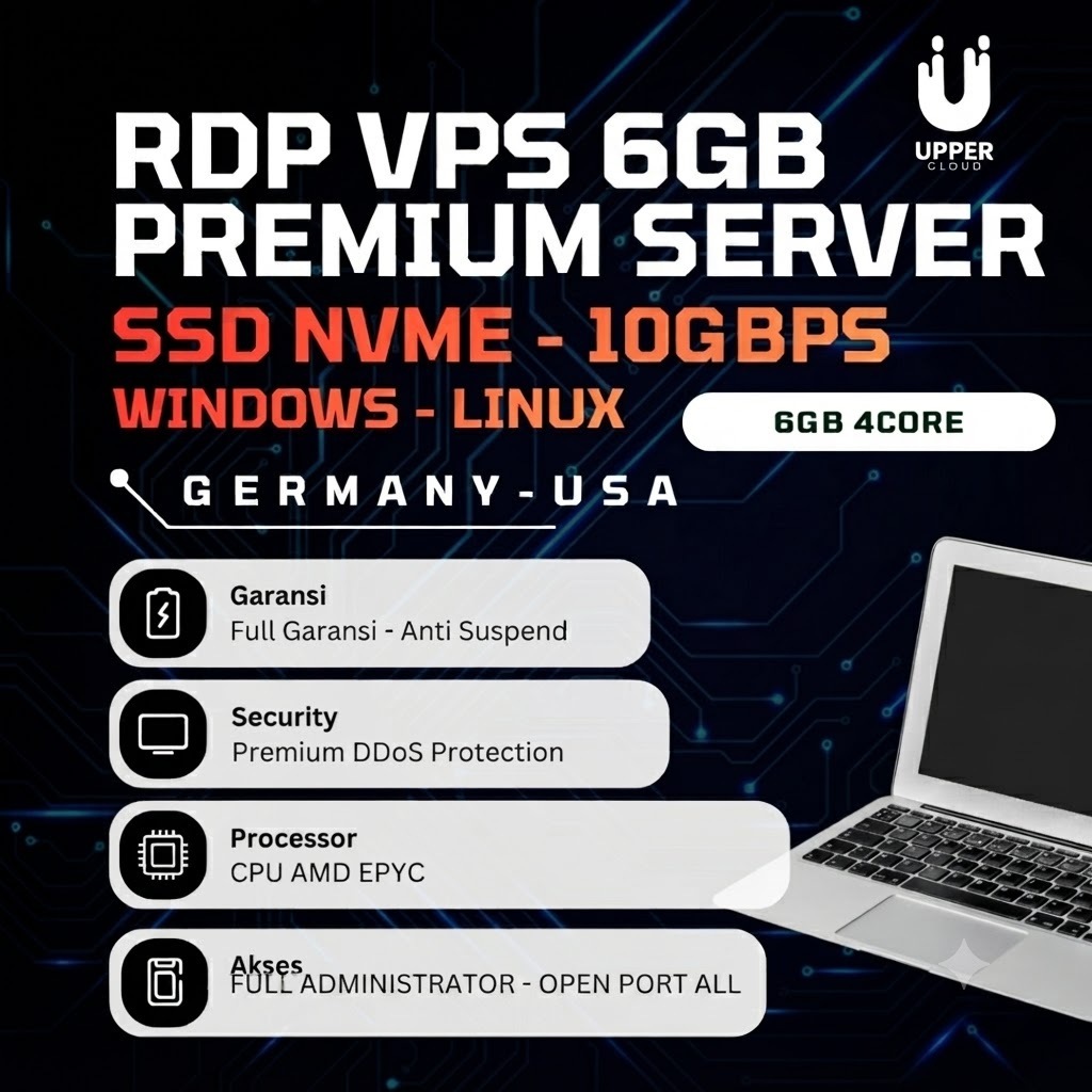 RDP VPS Premium USA Germany Singapore 6GB RAM 4 Core 150GB NVMe SSD Full Akses Bisa Perpanjang