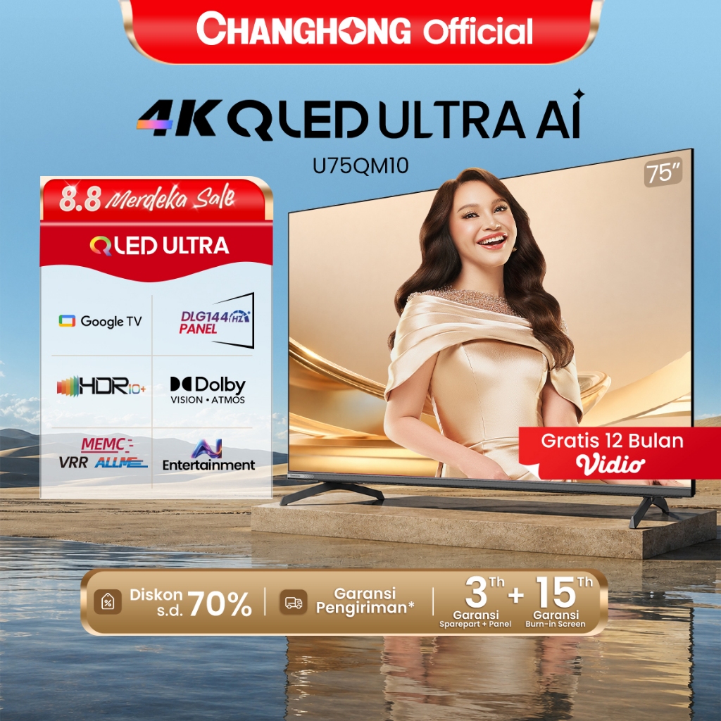 Changhong QLED TV 4K 75 inch Google Smart QLED PRO Digital TV Dolby Audio DBX-TV Google Play Netflix