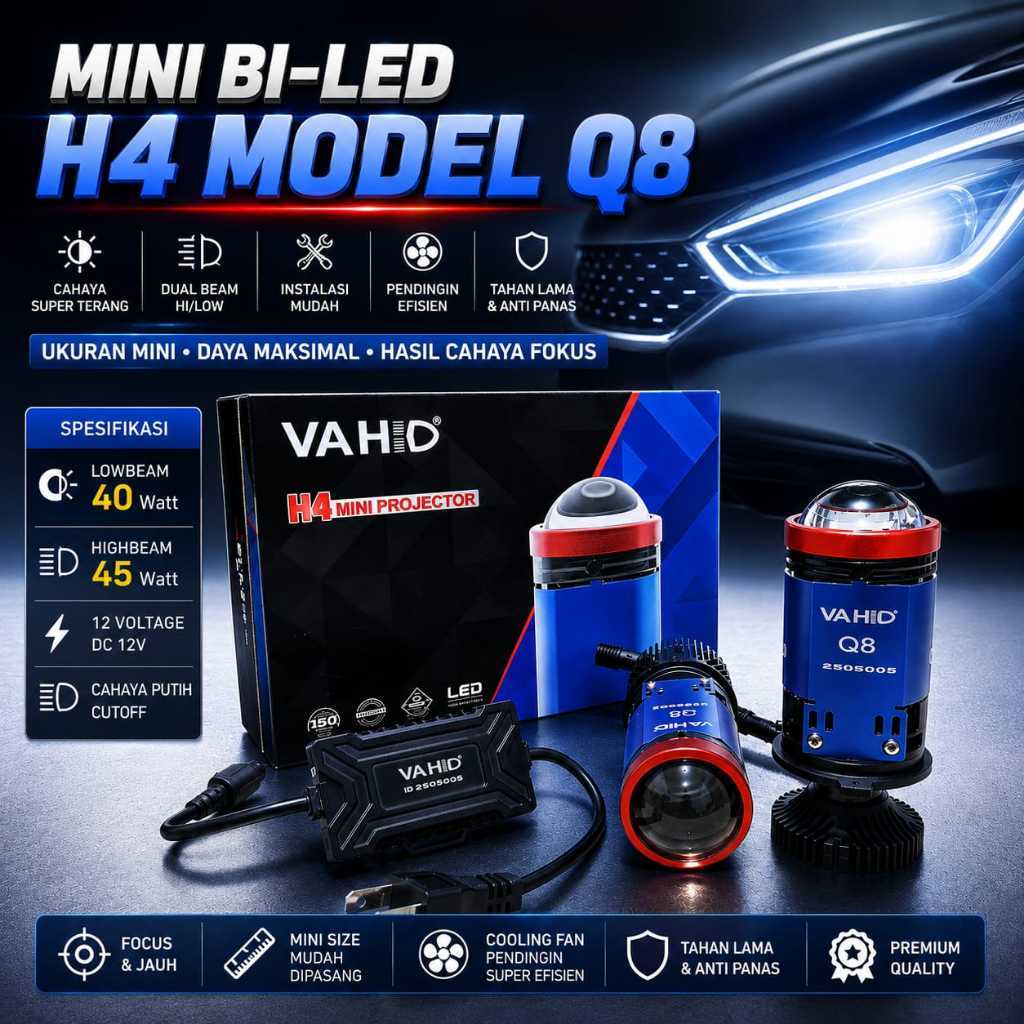 MINI BI-LED H4 Q8 VAHID H4 Mini Projector Lampu LED Motor Mobil Hi/Low Beam 40W 45W Cutoff Putih DC 