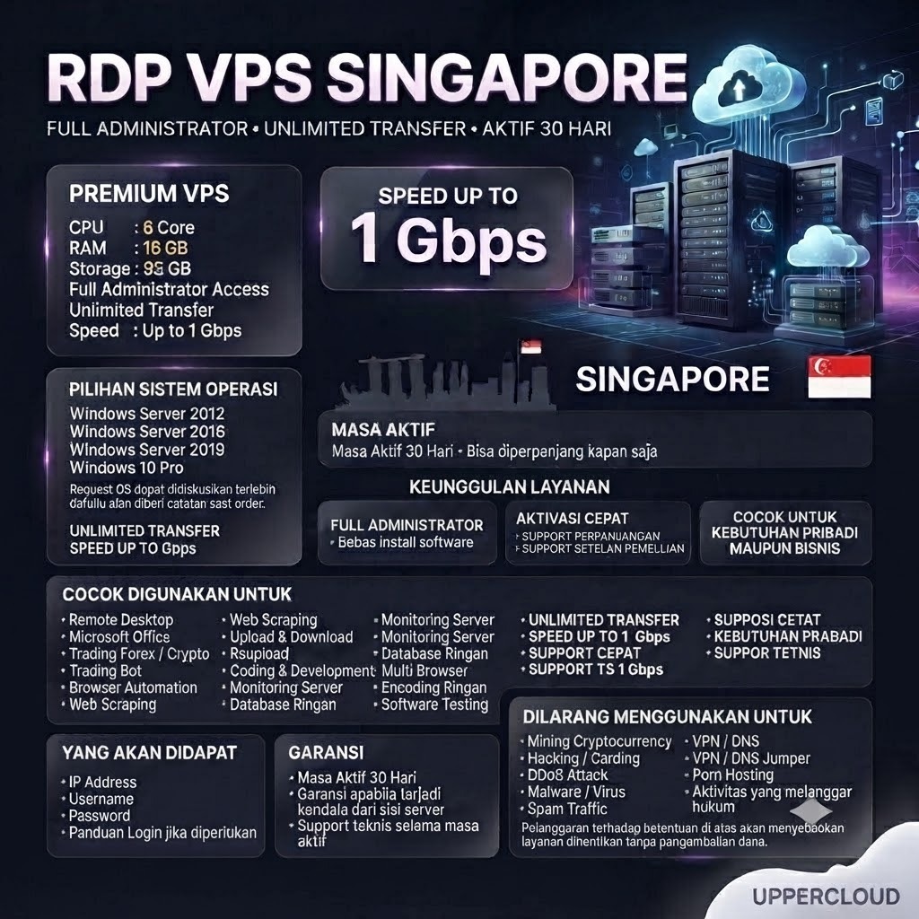 VPS RDP Windows Linux 6 Core 16GB RAM Full Admin Garansi 30 Hari Server Singapore Anti Suspend Legal