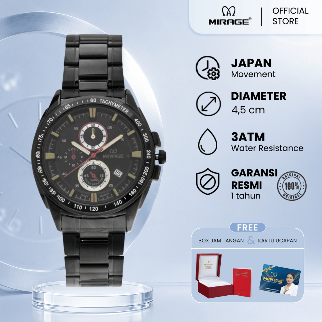 Mirage Jam Tangan Original Pria Analog 7614 M Full Black Original Stainless