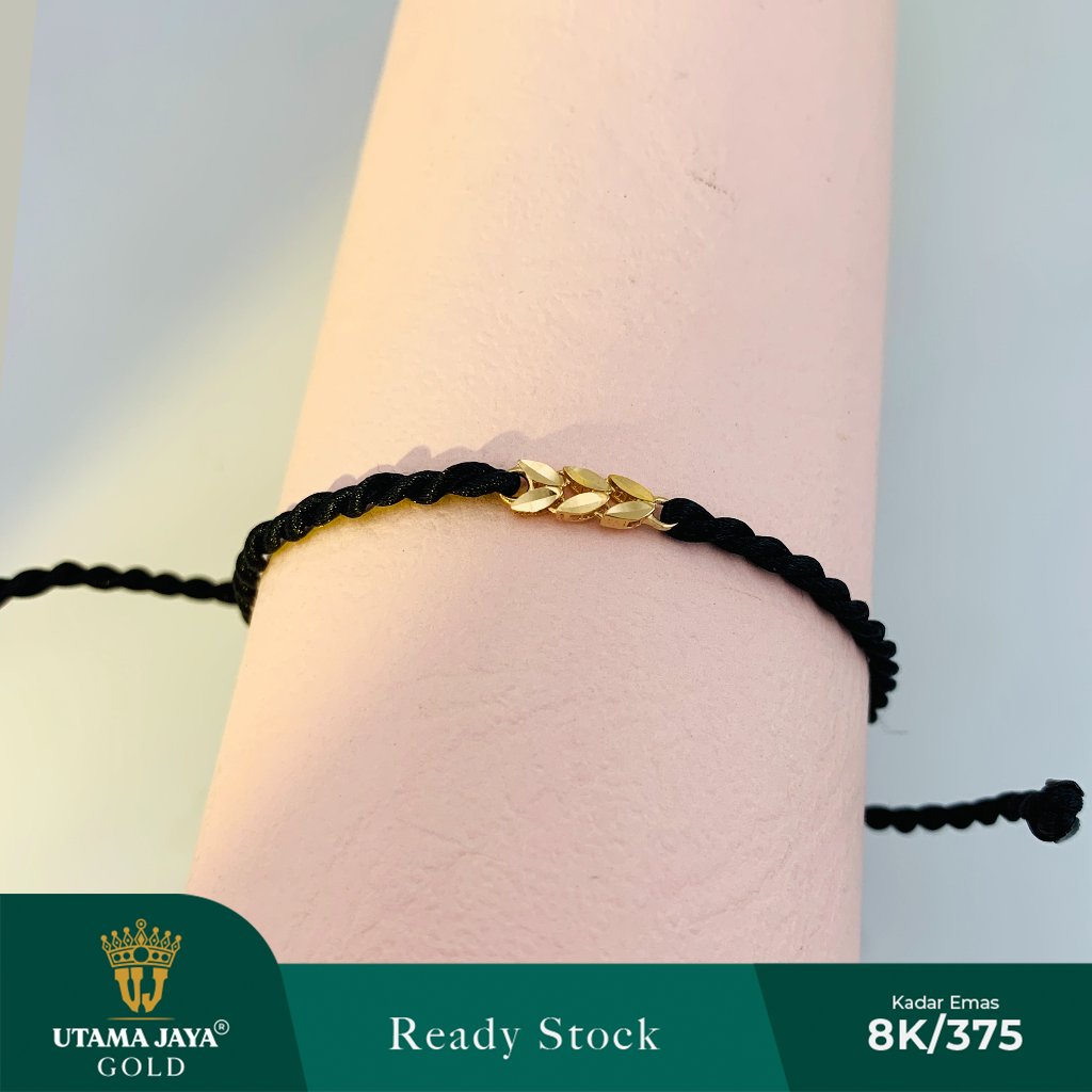 Gelang Tali Hitam Serut Charm Emas 3 Daun Selep 375/8K - Gelang Wanita Simple Aesthetic Minimalist