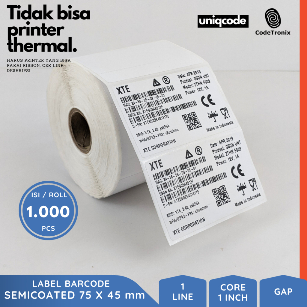 Label Sticker Kertas Semicoated 75x45 Stiker Barcode Roll 1 Line 1000 pcs