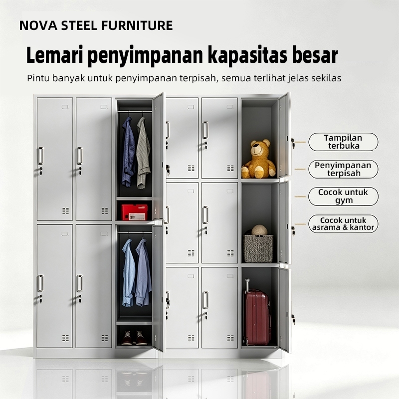 Loker Besi Kapasitas Besar 6/9/12 Pintu, Loker Penyimpanan Multifungsi untuk Kantor dan Asrama