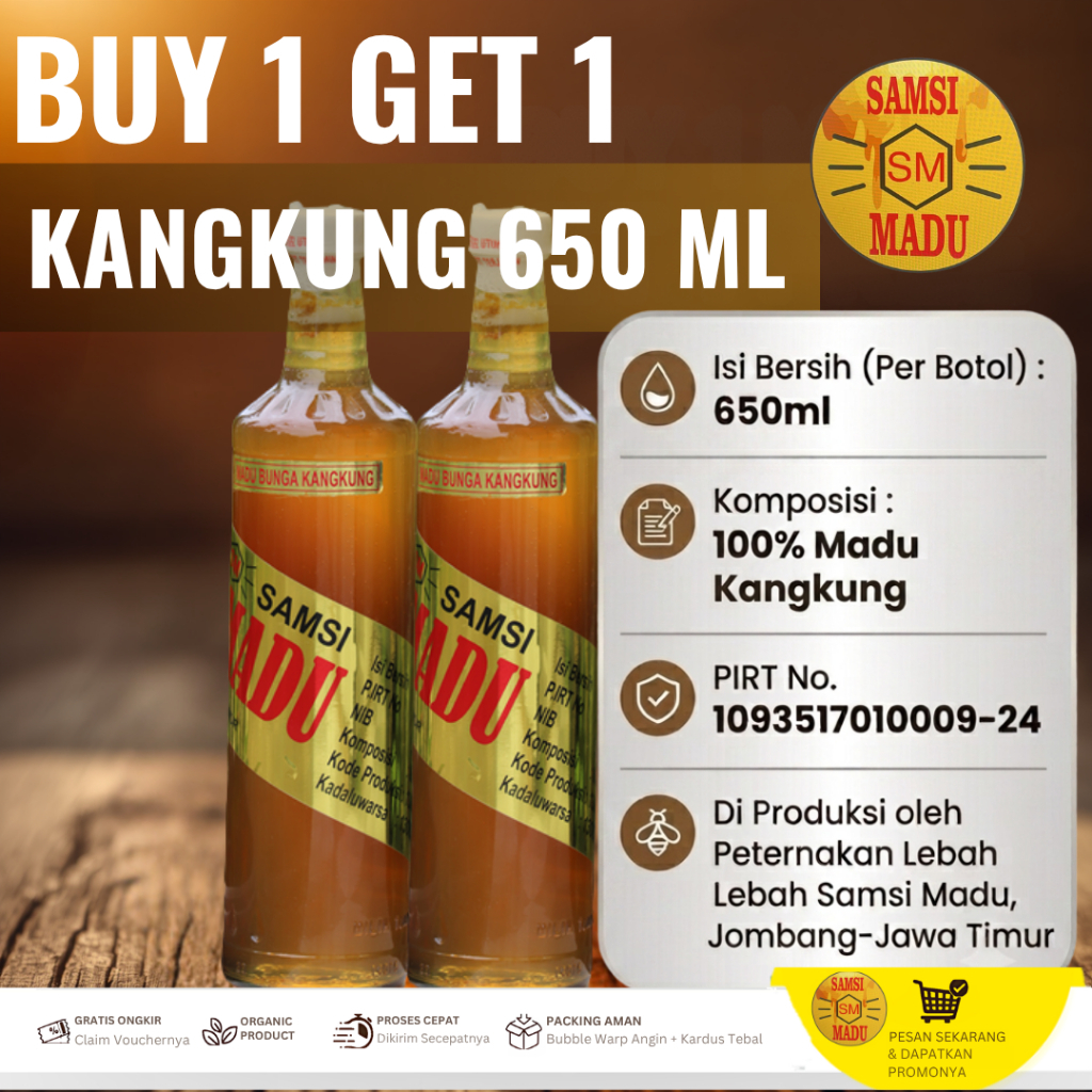 BUY 1 GET 1 Madu Kangkung 650 ML Samsi Madu Jombang Wonosalam Murni Alami Botol Kaca Halal PIRT