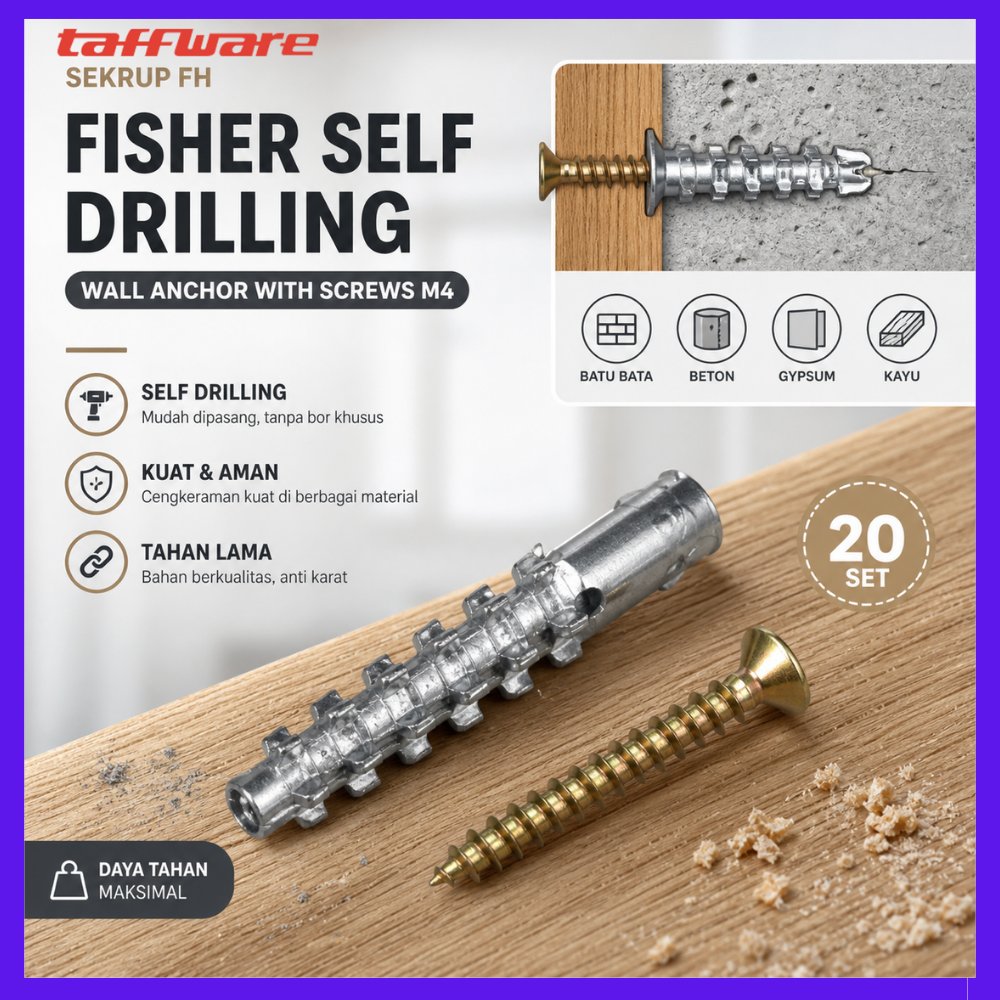 20pcs Sekrup FH Fisher Expansion Wall Anchor Screw 20 PCS SEKRUP FISER NGKUR FISHER BESI BAUT TEMBOK