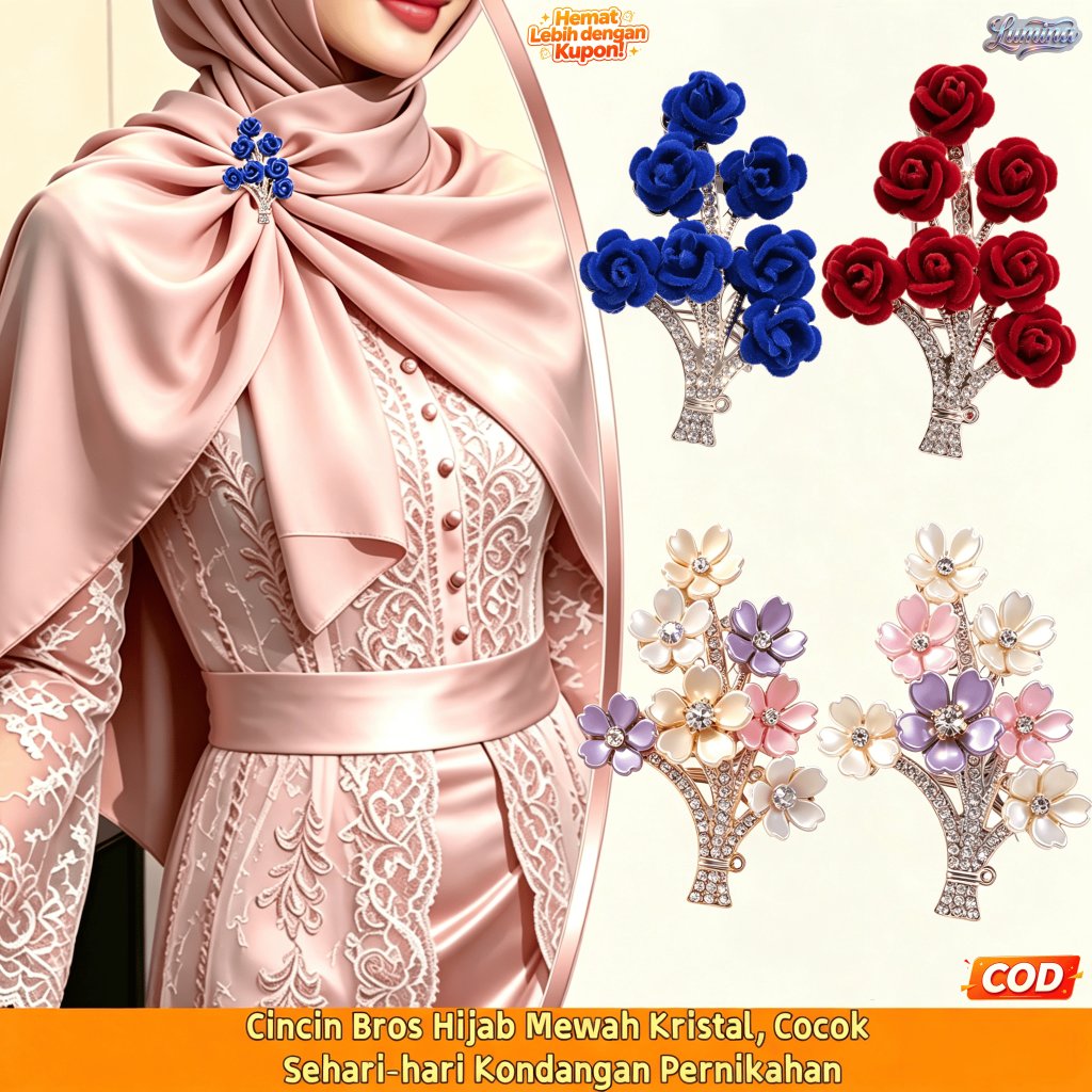 COD//Cincin Bros Hijab Mewah Kristal Bunga untuk Syari dan Jilbab Dress Pernikahan