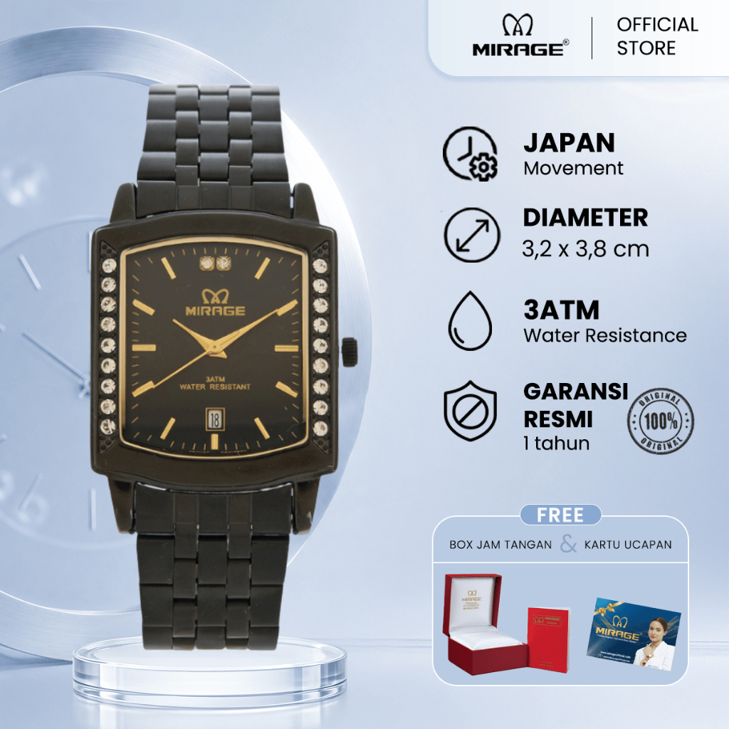 Mirage Jam Tangan Original Pria Permata Analog 7442 M Full Black Original Stainless