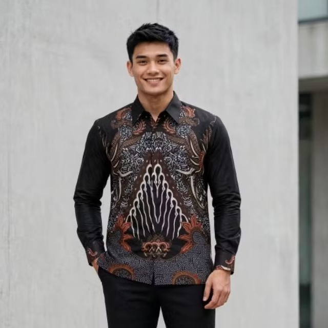 Batik Pria Lengan Panjang Hitam Katun Signature Reguler - Seragam Batik Cowok Pesta Pernikahan Dan K