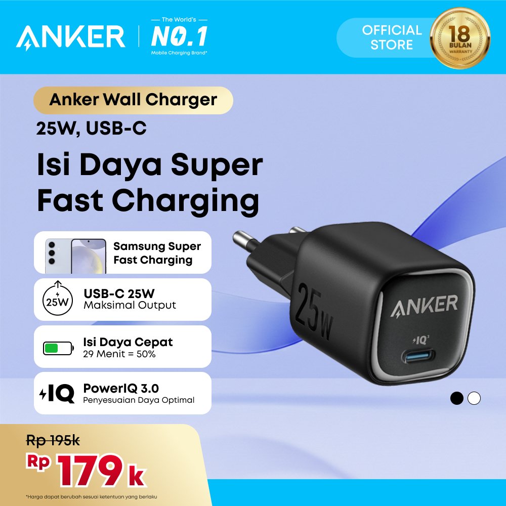 Anker 25W GaN USB C Charger, Compact Support PPS & Fast Charging for Samsung iPhone - A2656